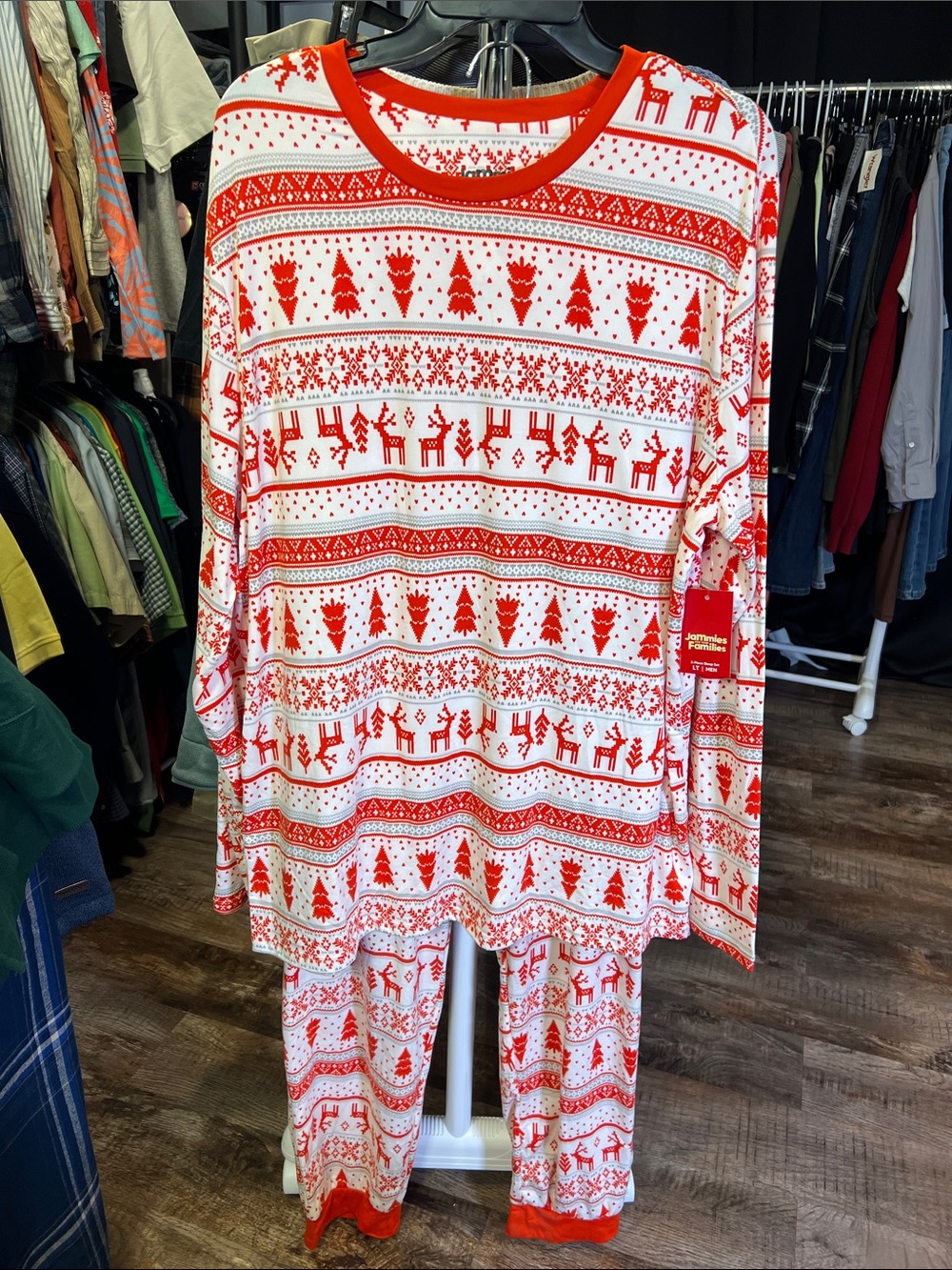 Large Tall Men's Red and White Holiday Reindeer Pajama Set